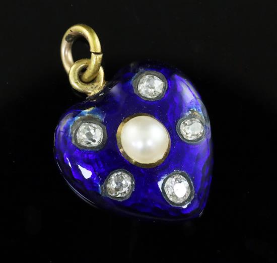 A Victorian gold, blue enamel, diamond and pearl set heart shaped pendant, 17mm.